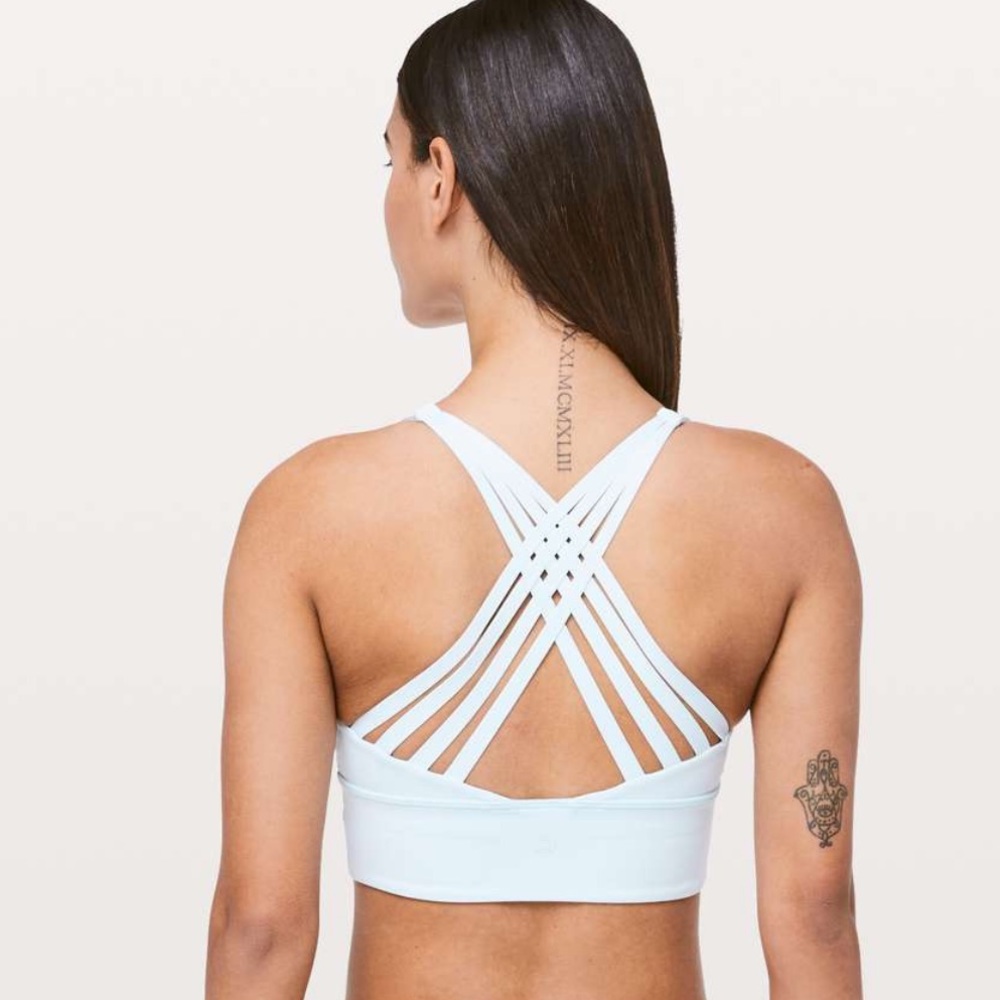EUC Lululemon Free to be Moved Bra in sheer blue Sz 6